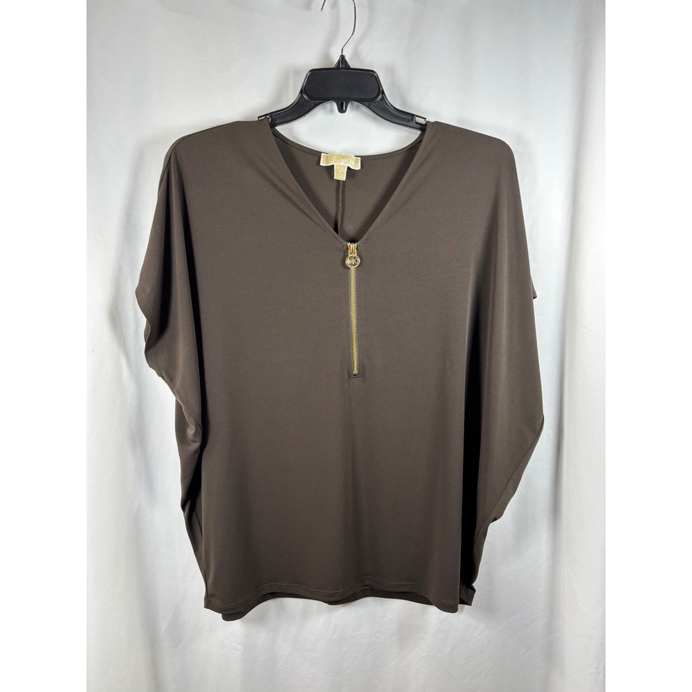 Michael Kors Brown Dolman Sleeve V-Neck Gold Zip Blouse Top‎ Plus Size 1X